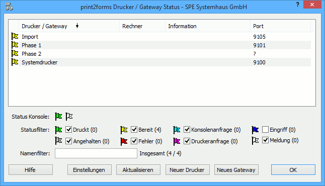 Screenshot des Kontrollfeldes vom print2forms Client/Gateway-Service