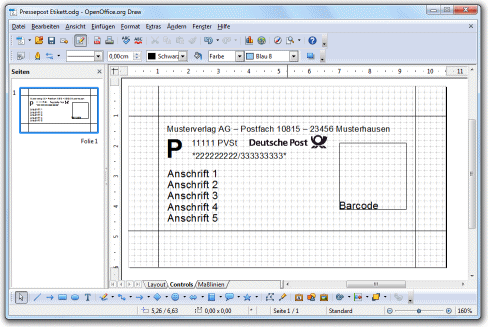 Entwurfsansicht des Pressepost-Etiketts in OpenOffice