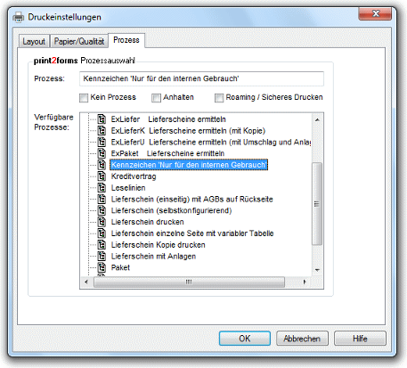 Screenshot des Einstelldialogs des print2forms Druckertreibers